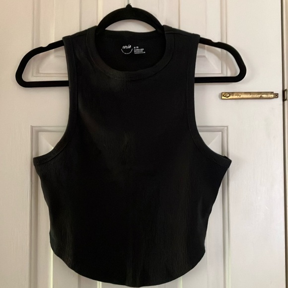Aerie Tops - AERIE XL High Neck Ribbed Crop Tank Top Curved Front Bottom BLACK